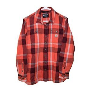 Carhartt Shirt Womens Size S Orange Plaid Heavyweight Twill Loose Fit For Work